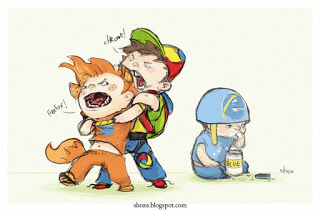Image of two kids fighting (Chrome and Firefox) while one eats glue (Internet Explorer).