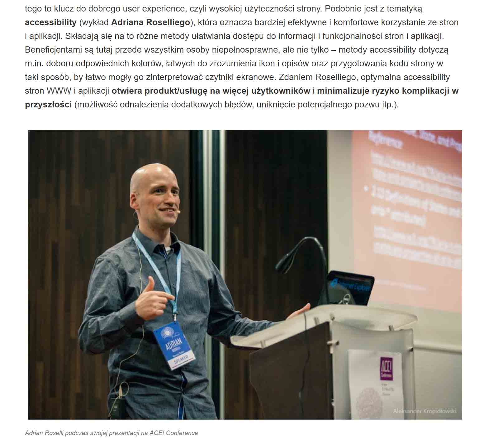 Screen shot of a paragraph of text and a photo of me from the  Polish Agency for Enterprise Development covering ACE! Conference 2015.