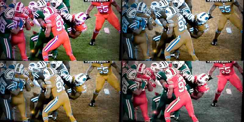 Bills/Jets game, red & green uniforms as seen with  multiple forms of colorblindness.