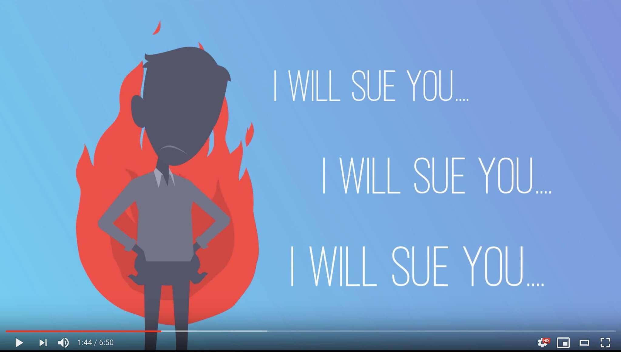 YouTube video (without captions) screenshot of cartoon person with disabilities in flames (hell?) with "I WILL SUE YOU..." repeated 3 times.