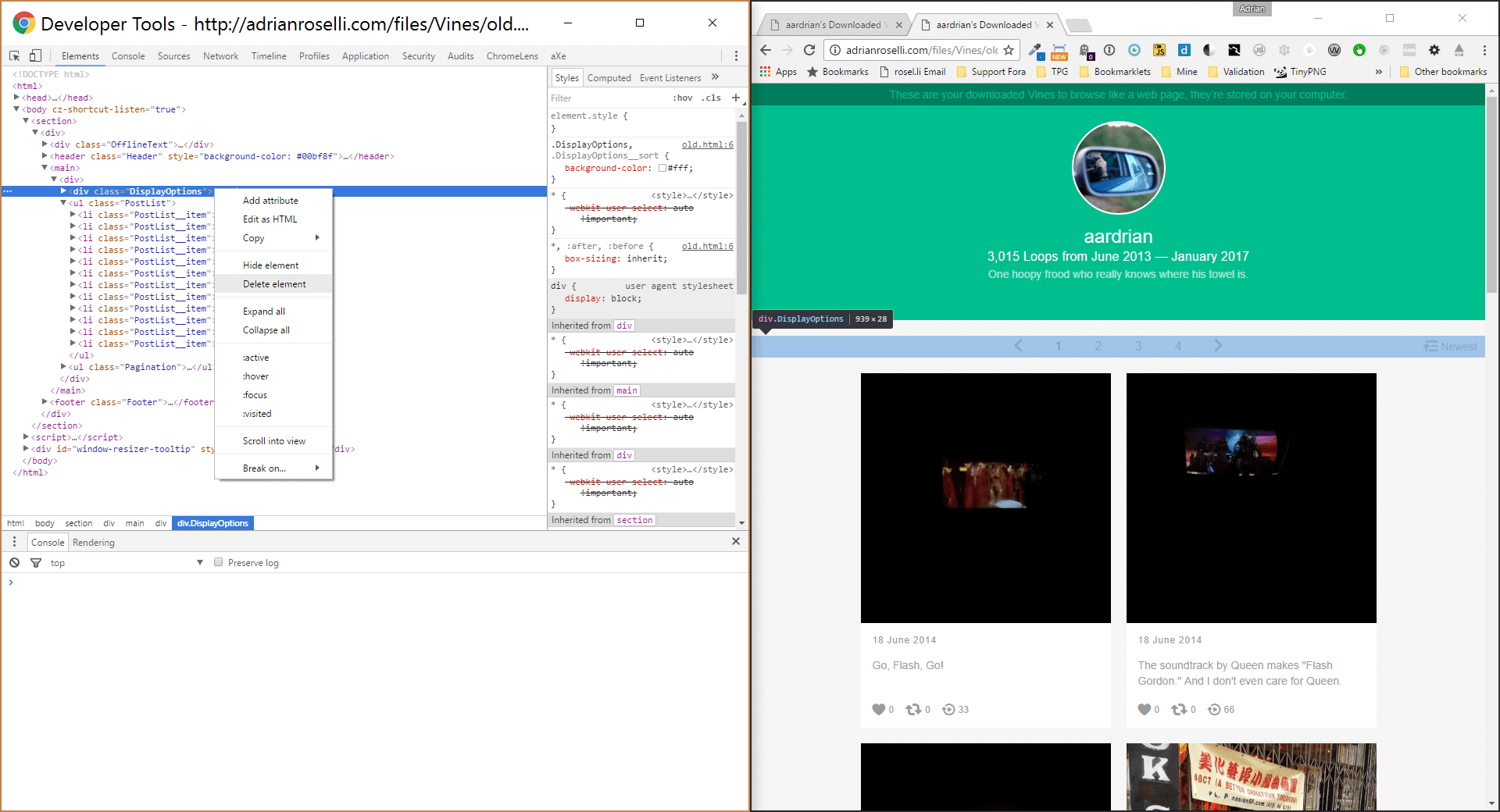 Screen shot of the Chrome dev tools alongside the Vine archive page.