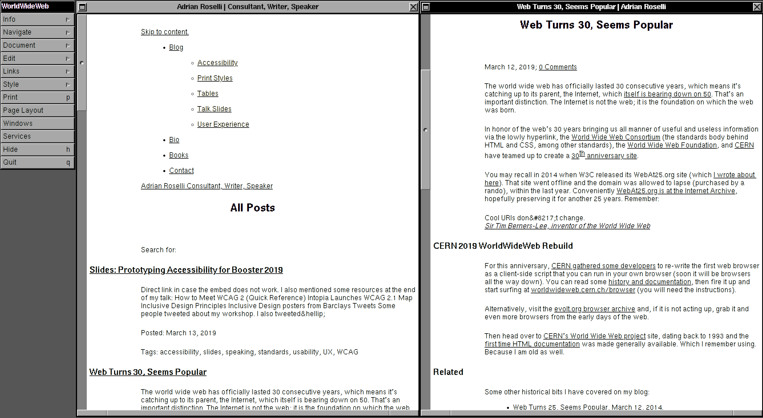 Two black and white browser windows showing simple structured text, representing the basic HTML elements used on the site.