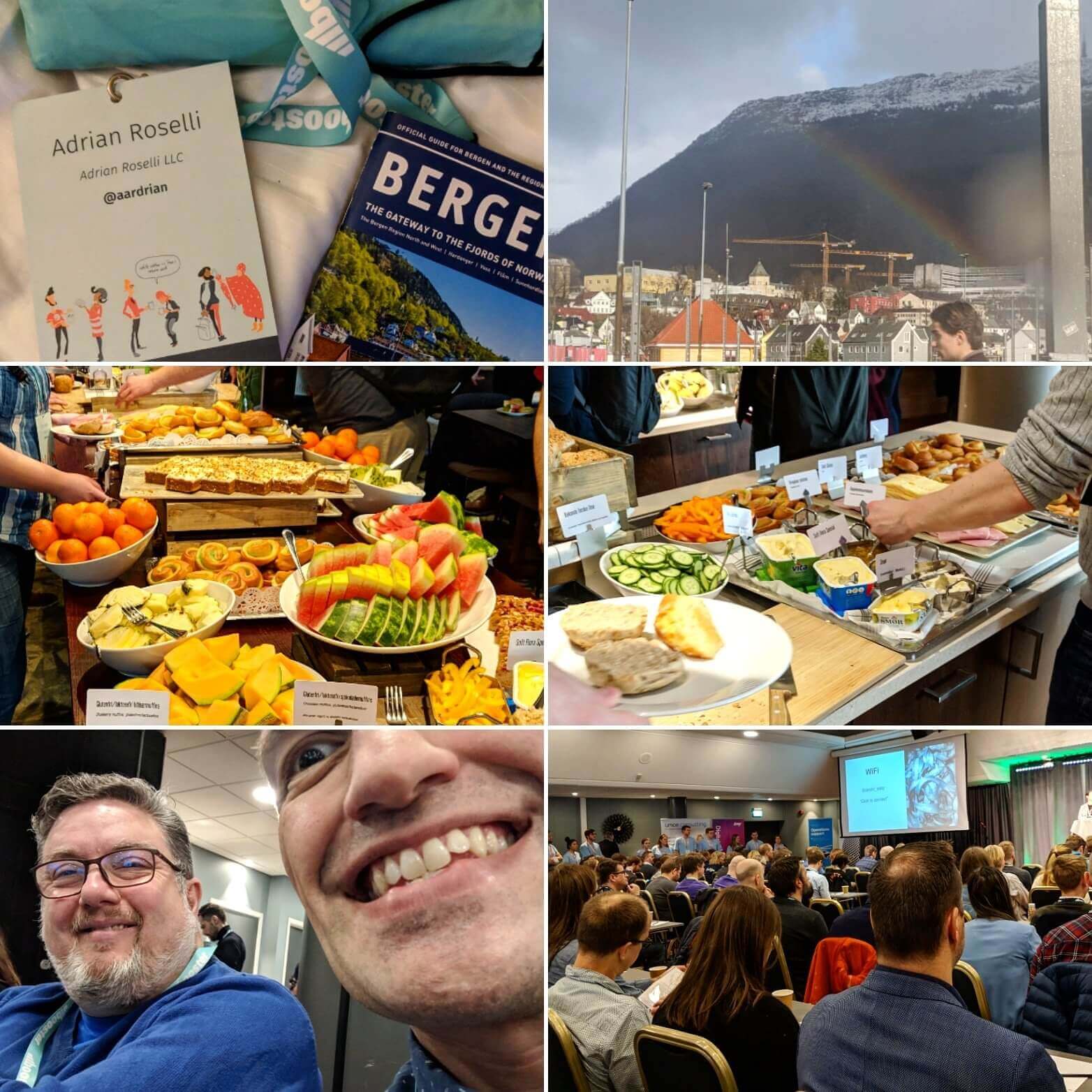 Multiple photos including my badge, a rainbow, two tables full of food, a crowded room of attendees, and Martin.