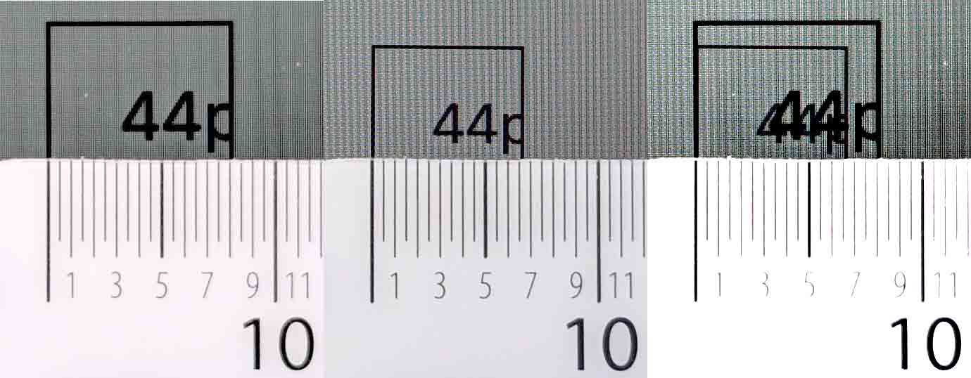 Three images, each showing a 44 pixel square with a ruler placed horizontally across it.