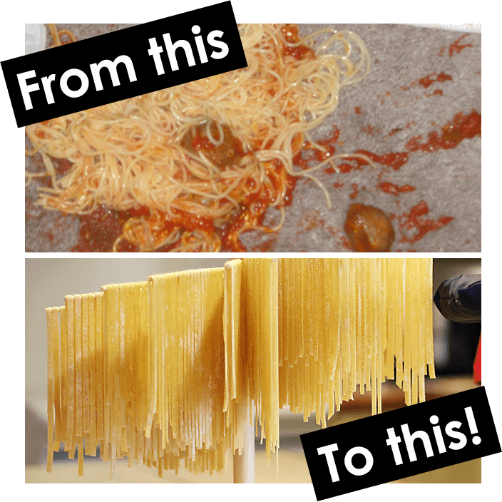 The text “From this” over a photo of spaghetti, sauce, and meatballs on the floor, alongside the text “To this!” alongside a neat collection of spaghetti drying on a pasta drying rack.