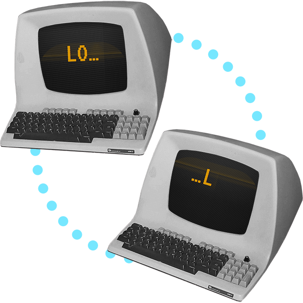 Two old computers floating in space with a glowing dotted connection between them; one screen reads “LO…” while on the other screen reads “…L”.