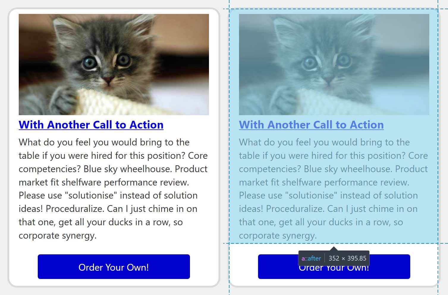 Side-by-side comparison of the same card with the clickable area highlighted via browser dev tools.