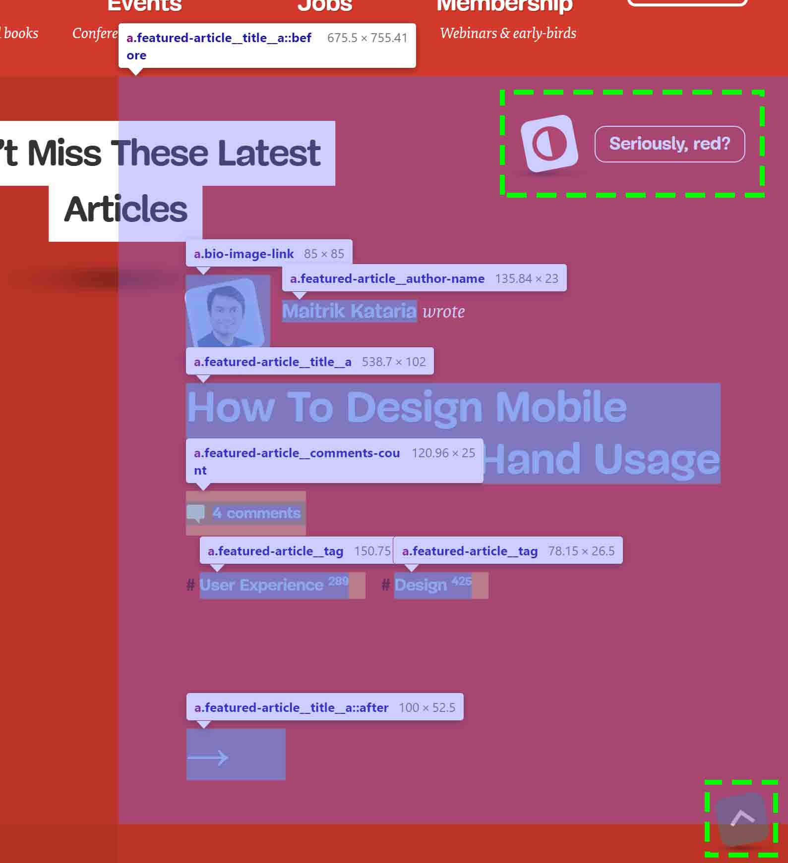 A single article abstract on the Smashing Magazine home page showing the article link overlapping all 7 links plus a contrast and scroll-to-top link.