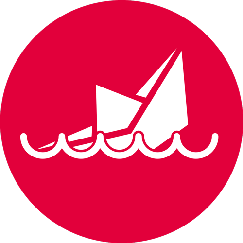 A paper boat starting to sink, white on red illustration.