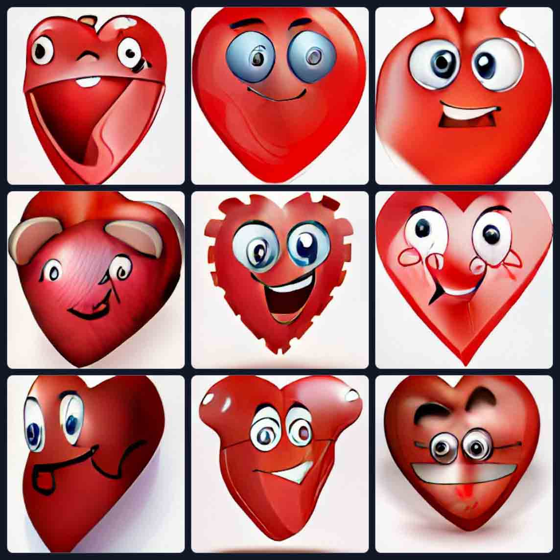 9 variations on a traditional red heart, each with happy eyes, a goofy smile, open- and closed-mouth, and a couple appear to be wearing glasses. Another appears to have mouse ears?