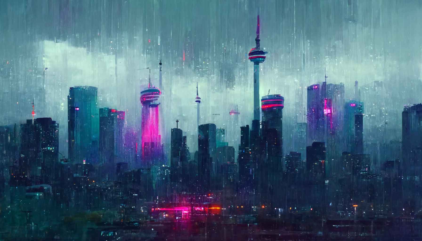 A heavily stylized and mostly inaccurate painterly view of the Toronto skyline in grays, blues, and highlights of magenta, with only the CN Tower somewhat correct.