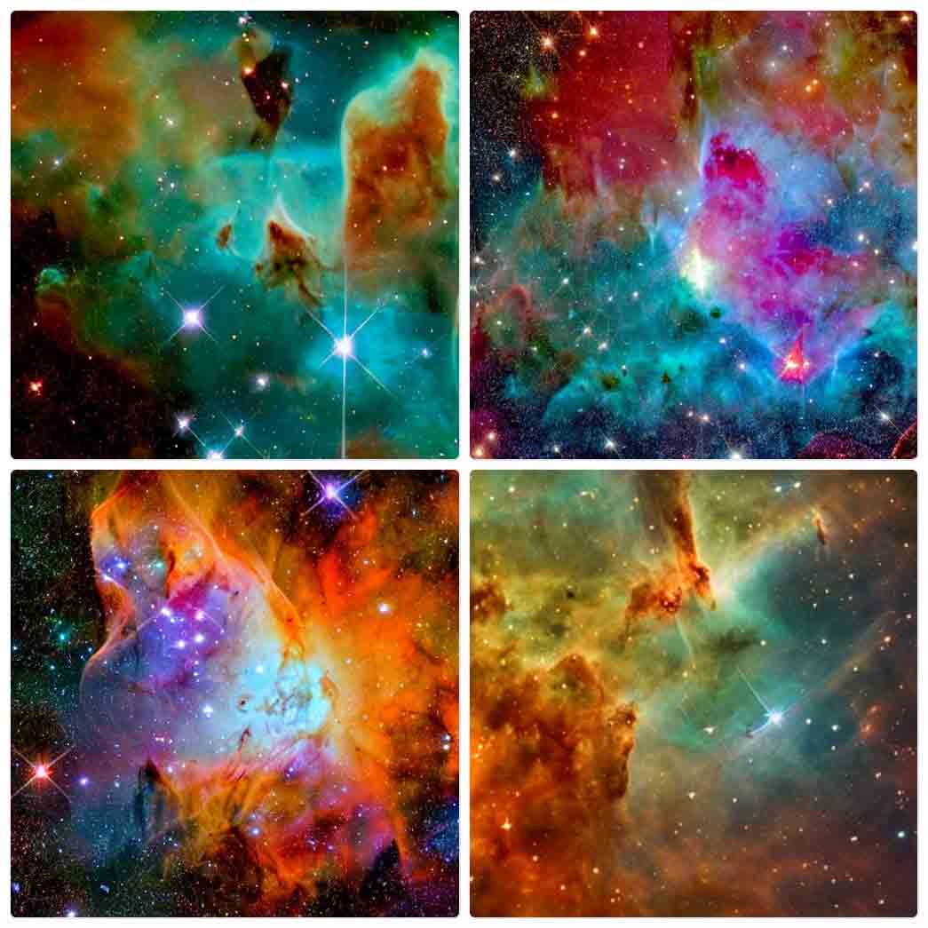Four versions of colorful clouds of gas in a star-laden field, each showing hard transitions between clouds that mimic what we see in most nebulae images, if not the original image, along with the four-pointed diffraction spikes.