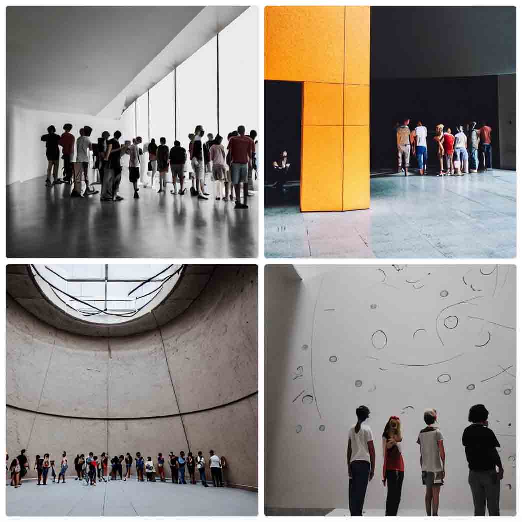 One image of a small crowd in a large plain white room with a glass wall and polished concrete floor. Another of a black room and light tile floor with people clustered just past an orange wall and doorway that take up much of the room. A sweeping raw concrete conical room that tapers slightly toward the top to a flat glass ceiling, a couple dozen people milling around the edge of the blank walls. Four people looking a blank white wall that has a few circles and swoops pressed into its surface.