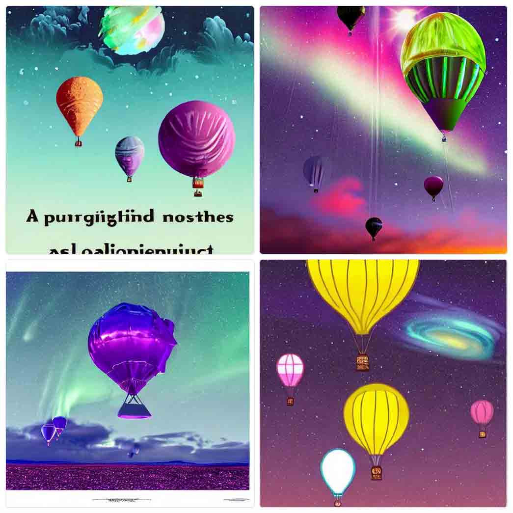 Four images. One is three slightly textured balloons against a teal sky that opens into black with a mis-shapen planetoid above it; at the bottom of the frame is nonsense text in a black serif typeface. The second has four balloons, all dark except a green one half-covered in a green seemingly metallic sheath, all against purple sky with white, teal, and read aurora. Third has one prominent chunky purple balloon and a few in the background, against a white-streaked teal sky and floating over a flat rocky ground. The final are cartoony flat-color yellow or pink balloons against a start field that goes from dark purple to dark pink, with a yellow and teal spiral galaxy in the distance.